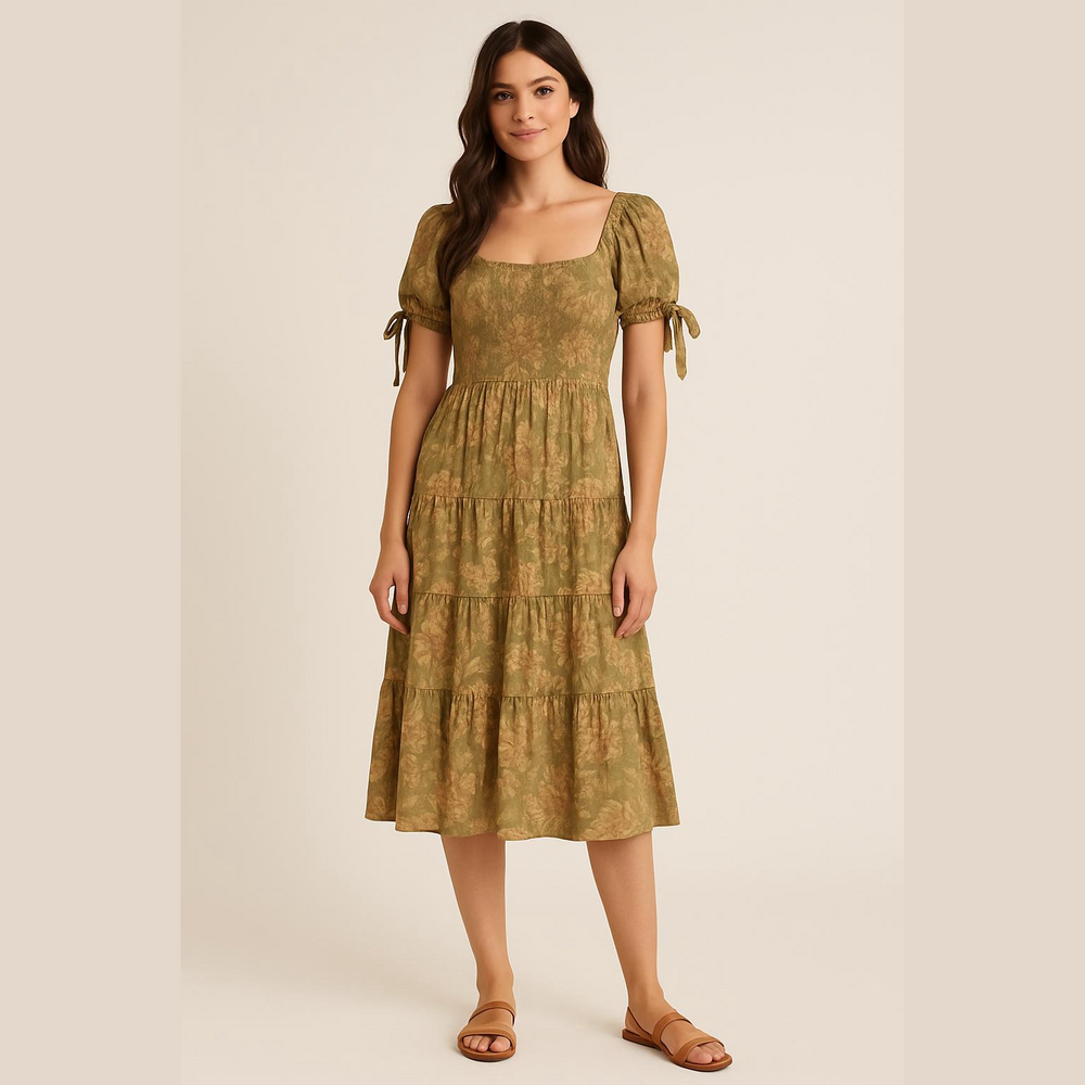 Agua Bendita x Target Mini Dress L Green Floral‎ Smocked Short Sleeve Boho